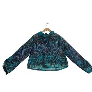 Gaudy Couture Cotton Paisley Sequin Button Up Jacket Teal Purple Womens Large